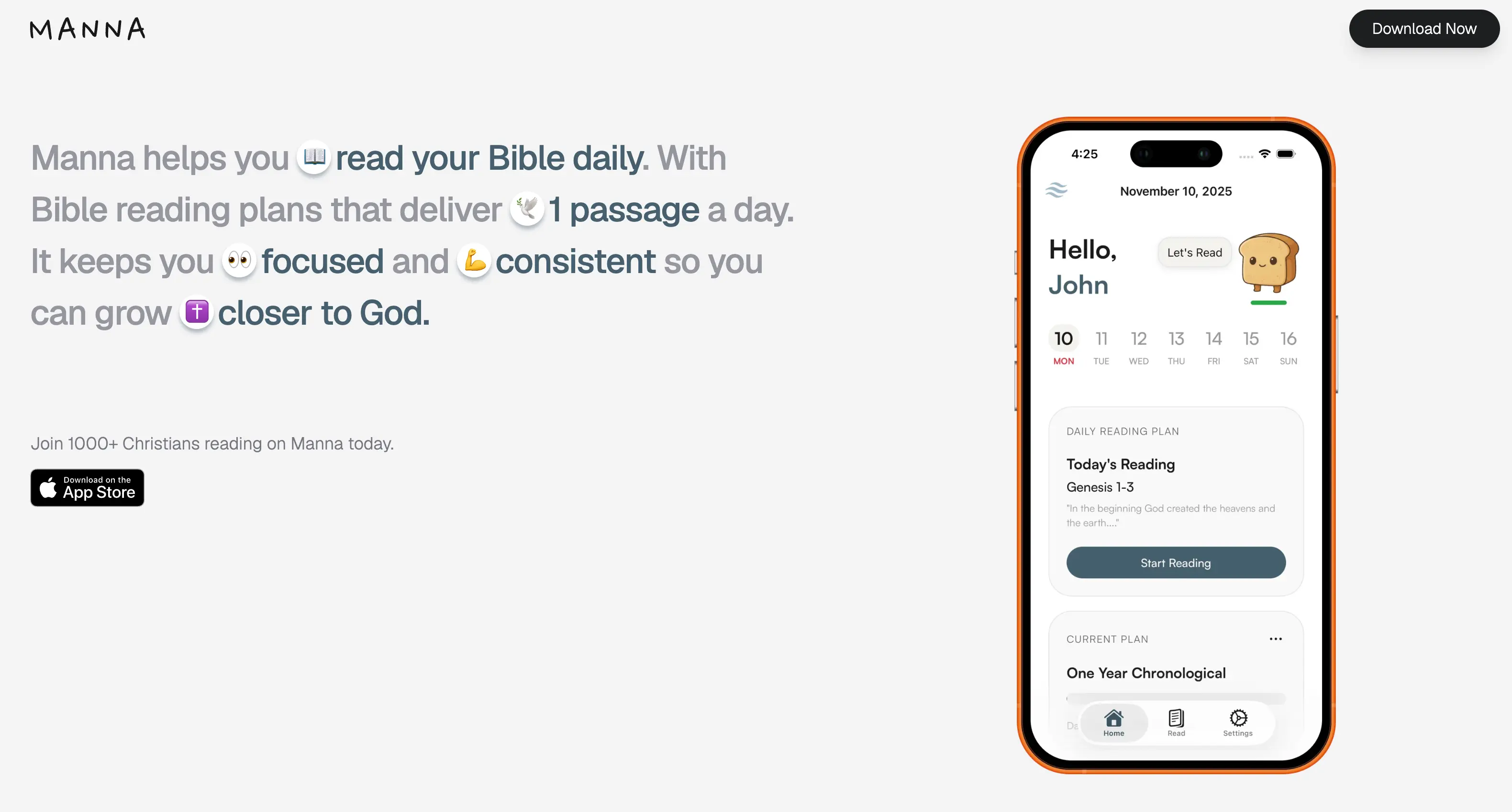 The Manna landing page — an iOS Bible reading app built and shipped solo — showing the app on an iPhone with a daily reading plan