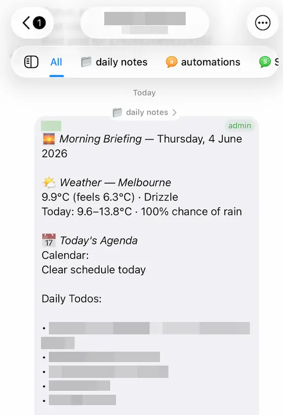 A morning briefing delivered in chat: date, Melbourne weather, today's agenda, daily todos, and Boring Things priorities